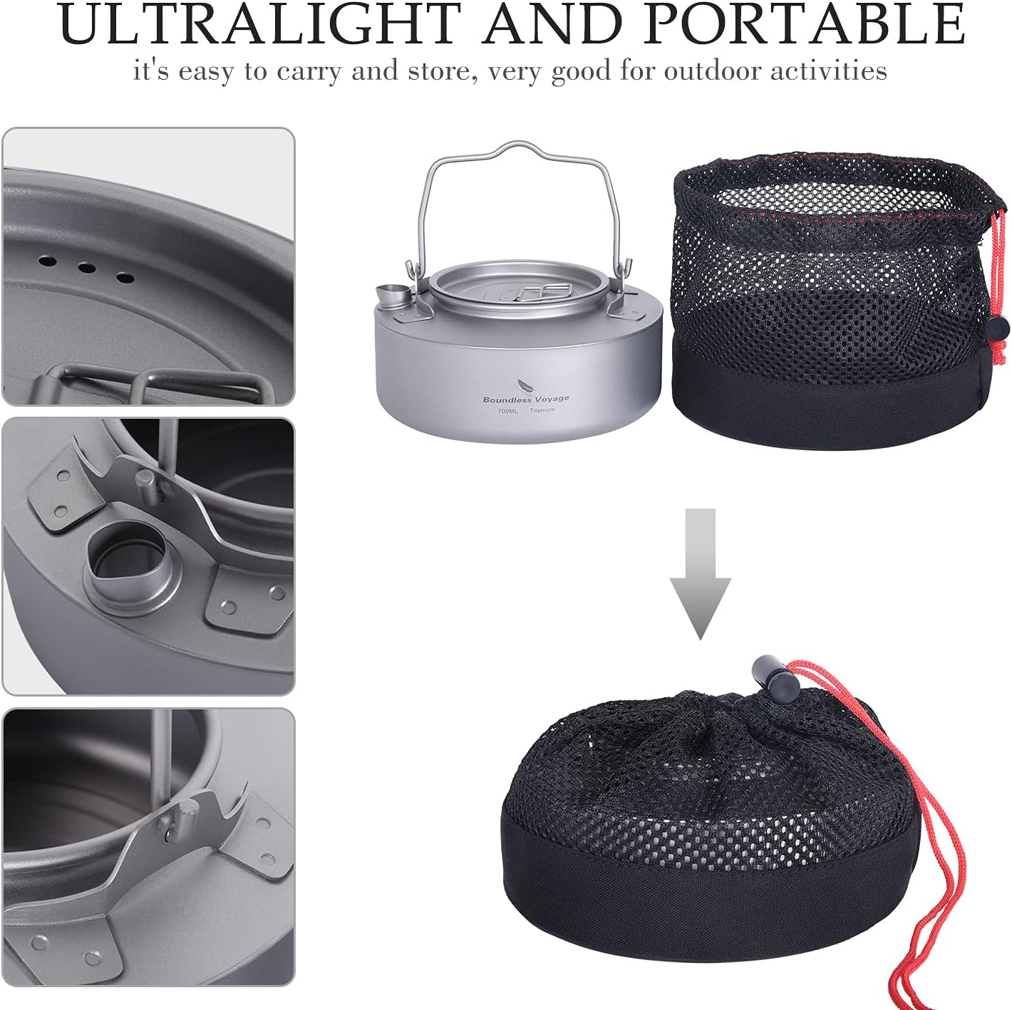 Boundless Voyage Camping Single-Layer Coffee Cup & Titanium Kettle with Folding Handle Filter Big Capacity Pot Outdoor Tableware Drinkware - Image 5