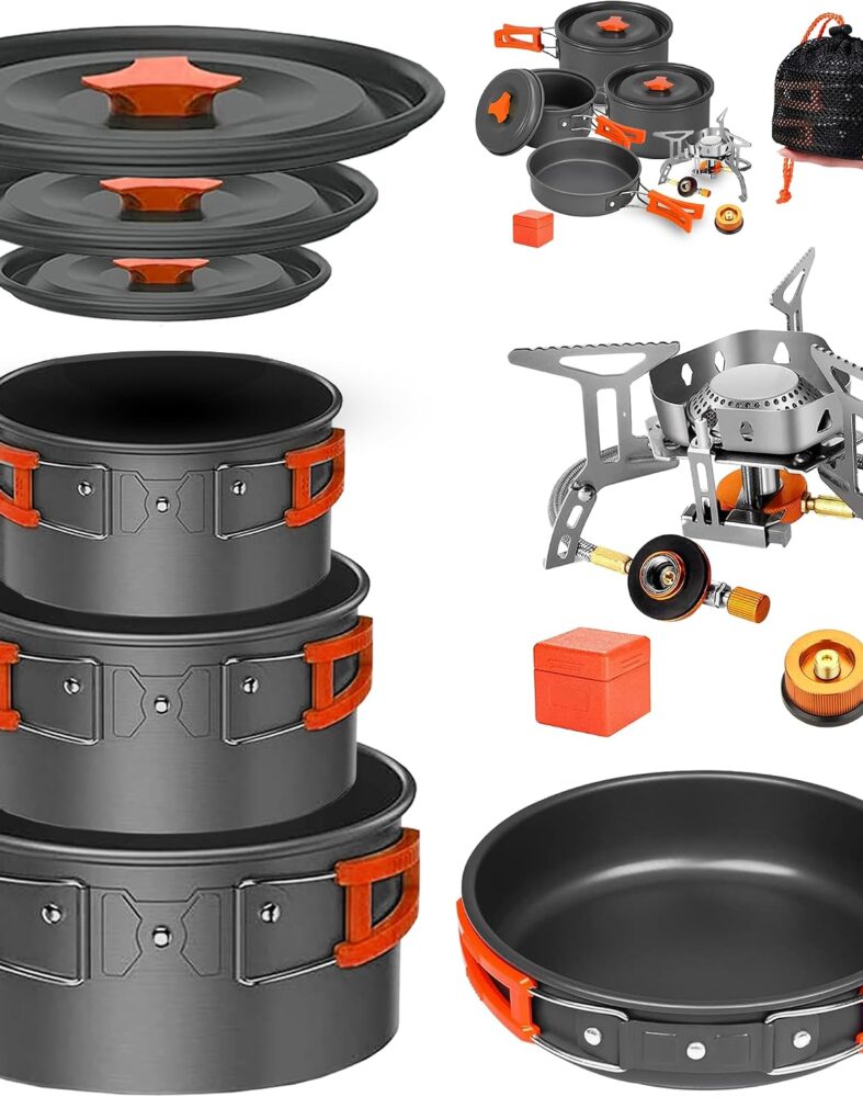Smokey Camp Camping Cookware Mess Kit Set with Stove - Backpacking Camping Pots and Pans Set, All in One Non-Stick Camping Cooking Set, Portable Stove, Hiking, Picnic, Outdoor & Camping Cookware Set