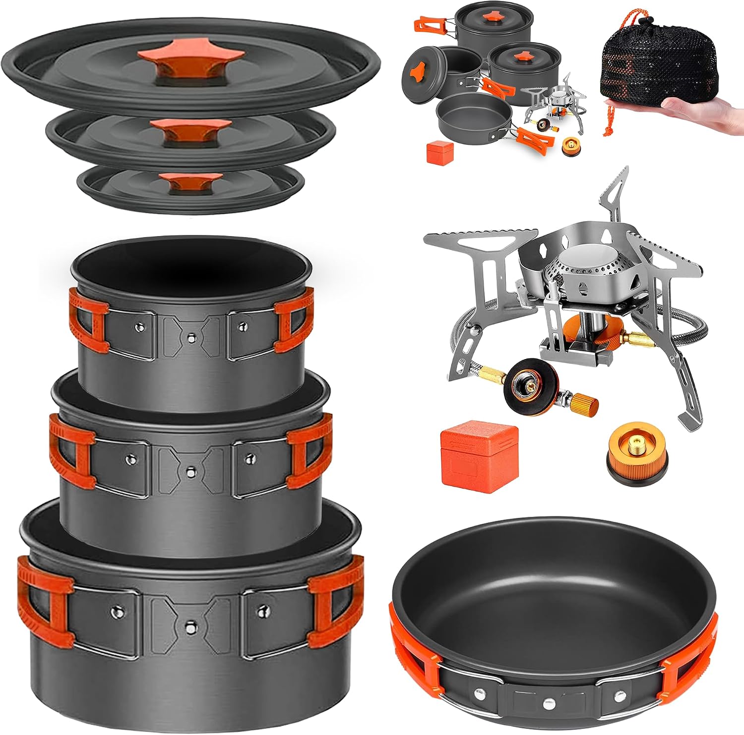 Smokey Camp Camping Cookware Mess Kit Set with Stove - Backpacking Camping Pots and Pans Set, All in One Non-Stick Camping Cooking Set, Portable Stove, Hiking, Picnic, Outdoor & Camping Cookware Set