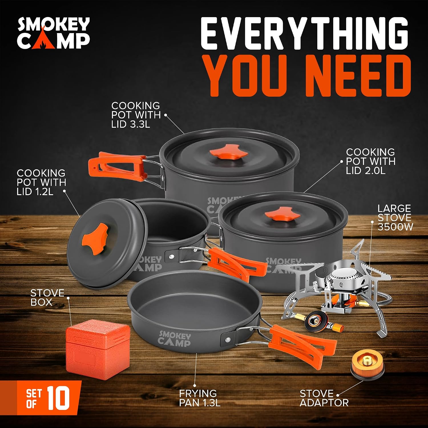 Smokey Camp Camping Cookware Mess Kit Set with Stove - Backpacking Camping Pots and Pans Set, All in One Non-Stick Camping Cooking Set, Portable Stove, Hiking, Picnic, Outdoor & Camping Cookware Set - Image 3