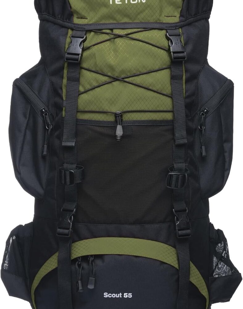 Teton 55L Scout Internal Frame Backpack for Hiking, Camping, Backpacking, Travel, Rain Cover Included, Olive